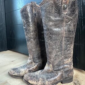 FRYE Melissa Button Riding Boots in Chocolate Glaze Vintage Distressed, 7.5
